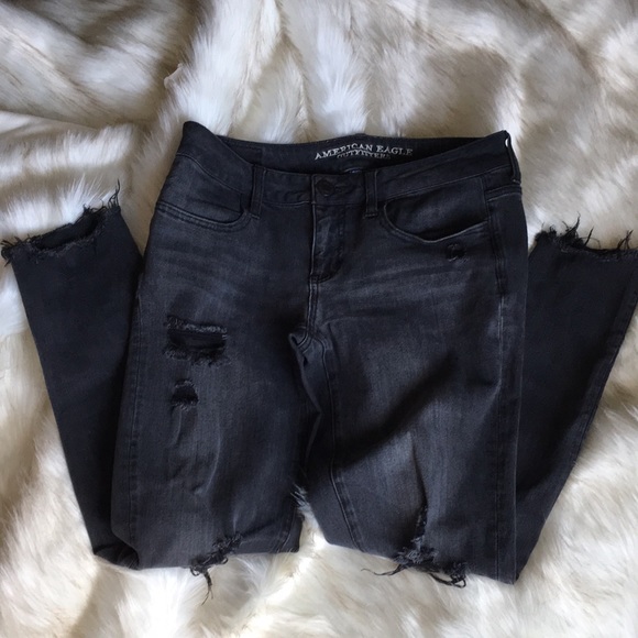 AE DISTRESSED BLACK WASHED OUT JEANS SUPER STRETCH X4 RAW HEM - Picture 6 of 14